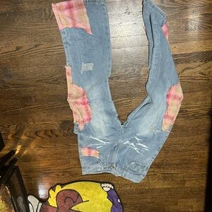 Stylish Distressed Blue and Pink Jeans